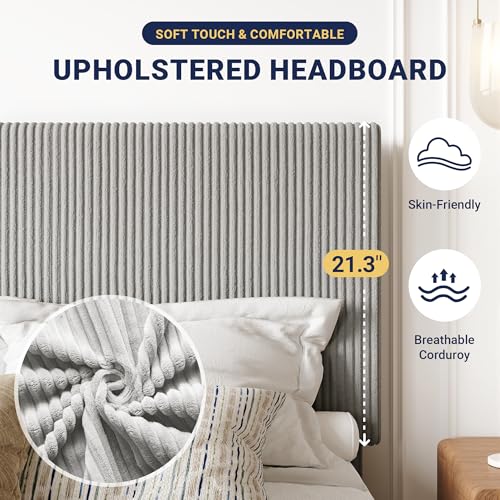 Image of Allewie Full Bed Frame, Adjustable Corduroy Headboard, Platform, Grey | Adjustable Headboard, Corduroy Fabric, Low Profile, Wooden Slats, 800 lb Capacity, No Box Spring Needed