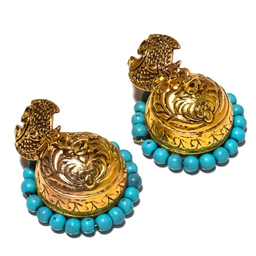Pendientes Jhumkis hechos a mano con cuentas de ónix verde de 1,5' de largo para mujeres, esposas, joyas de metal de latón de VACHEE 5478