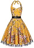 oten Women's Vintage Polka Dot Halter Dress 1950s Floral Spring Retro Rockabilly Cocktail Swing Tea Dresses Yellow-Pink-Floral Medium
