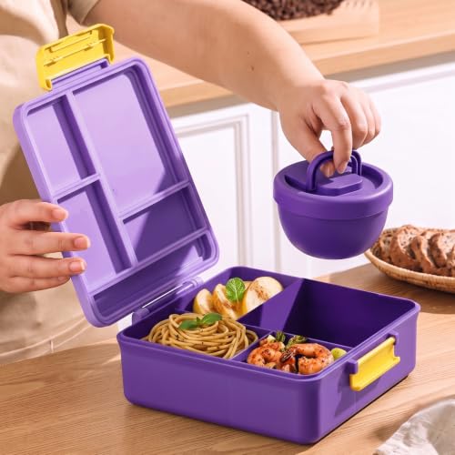 Image of House of Quirk 'NomNom' Unicorn Print Bento Lunch Box, 1800ml with 300ml Removable Bowl, Microwave Safe Lunch Box with Spoon, Fork & Knife for Kids, School, Office, Picnic & Travel (Purple)