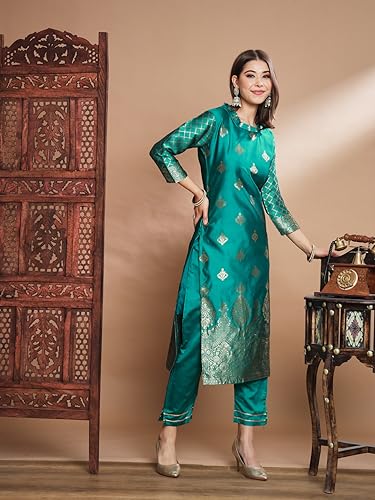 Image of VredeVogel Women's Cotton Silk Jacquard, Banarasi Silk Kurta Pant With Dupatta Set