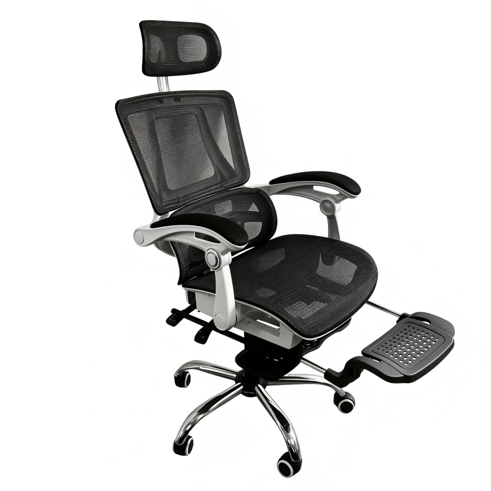 Sedia da ufficio ergonomica con forte supporto lombare regolabile, in rete traspirante, con ampia seduta, poggiapiedi, stabile scrivania per computer (bianco)
