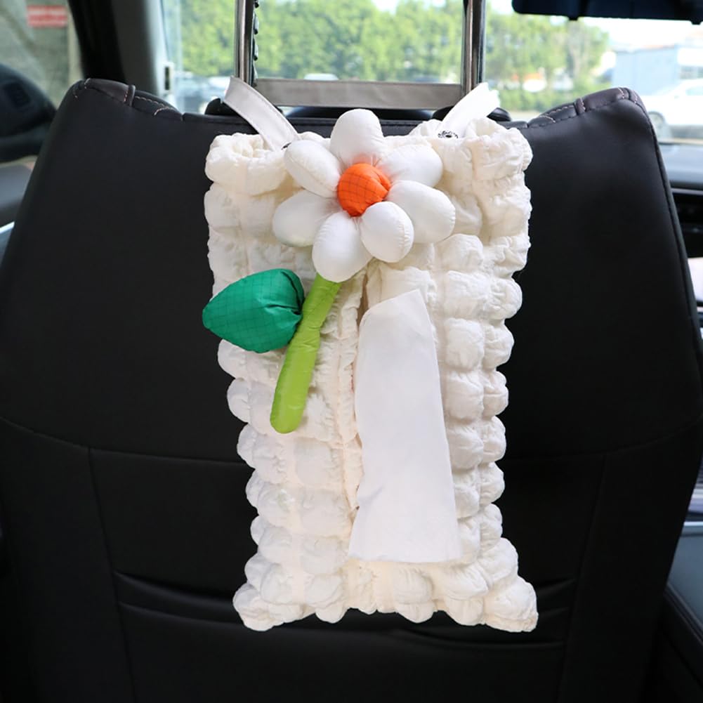 Qinqin Store Girls White Flower Creative Car Tissue Holder Hanging Rectangular Facial Tissue Box Cover Car Cartoon Decorative Tissue Holders Organizer (, 28×18Cm/11.02"×7.09")