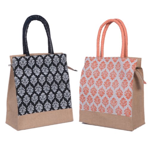 ABV Lunch Bag, Jute Bag, Hand Bag Shopping Bag, tote Bag -Black and Peach Printed Bag with Zip-Pack of 2