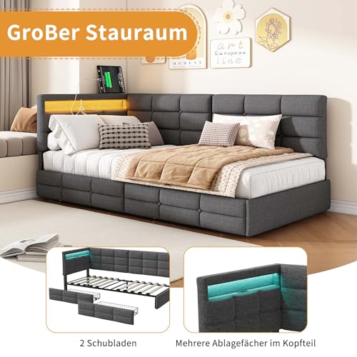 Julyue Polsterbett Schlafsofa 90x200 mit 2 Schubladen Stauraum, Jugendbett 90x200 mit LED-Beleuchtung und USB-Ladestation, Einzelbett mit Lattenrost aus Holz,Leinen Grau(ohne Matratze)