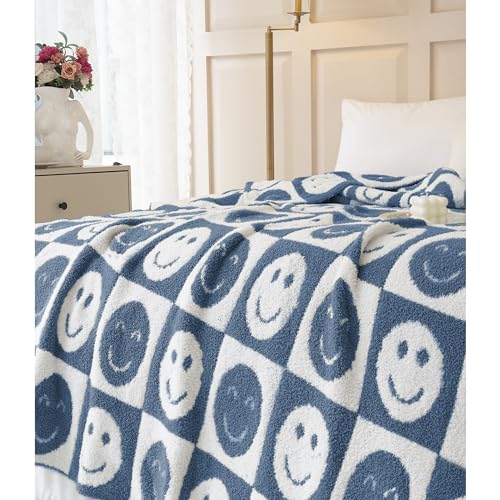 Image of Ultra Soft Cozy Happy Smiling Face Checkered Knitted Throw Blanket Fluffy Microfiber Checkerboard Bed Blanket Lightweight Both Sides Blanket for Couch Sofa Bed (Smile Blue, Throw 50 inchx60 inch)