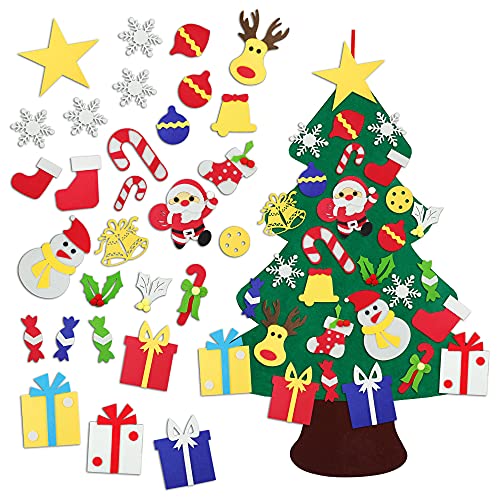 DIY Feutre Arbre de Noël avec 29pcs Ornements Détachables, Sapin Feutrine Cadeaux de Noël pour Enfants Porte-Manteau Décoration Vitrine Murale de Porte 100x70cm Cover