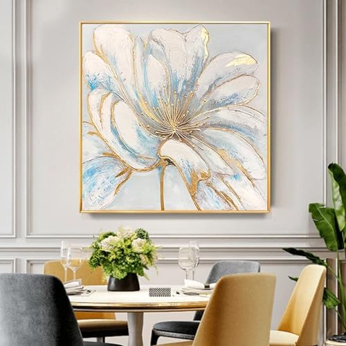 Peinture sur toile abstraite fleurs blanches et dorées art mural salon 60x60 cm
