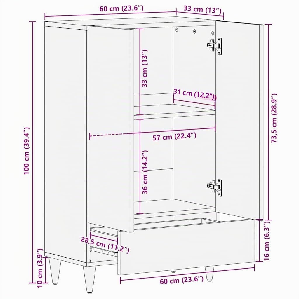 vidaXL Haut Armoire Noir 60 x 33 x 100 cm Bois de Mangue Massif, Unité de Rangement élégante pour Salon, en Bois de Mangue, poignées en Laiton, Design Compact et Chic
