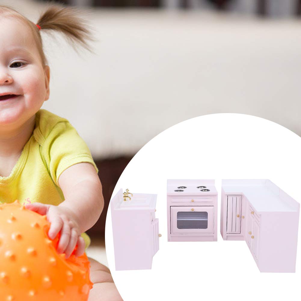 Hidyliu Casa delle Bambole in Legno Mobili da Cucina Integrali Casa in Miniatura Carina Artigianale per Ragazze Rosa (Combinazione di mobili da cucina)