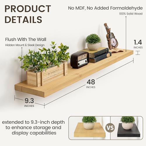 Image of Marsmiles 48 Inch Floating Shelf | 9.3 Inch Deep Natural Wood Wall Shelf Set of 1 | Rustic Reclaimed Wood Shelves for Room Wall | Farmhouse Floating Shelves for Living Room Bathroom