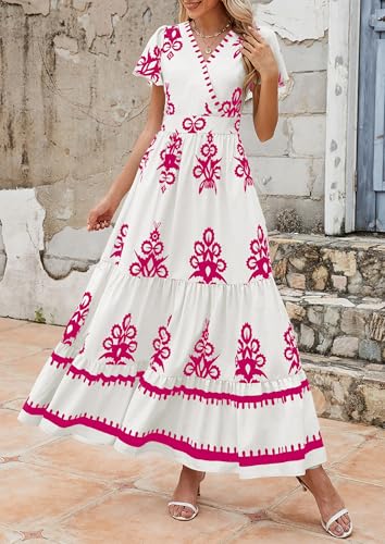 Image of PRETTYGARDEN Womens 2026 Summer Casual V Neck Boho Maxi Dress Flowy Aline Bell Sleeve Tiered Floral Dresses with Pocket