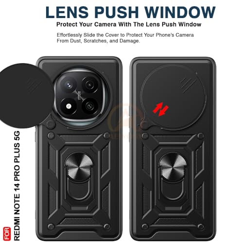 Image of Armor Bumper Back Cover Case for Redmi Note 14 Pro Plus 5G Rotating Camera Cover, Ring Holder & Kickstand | Heavy Duty & 360 Degree Protection Redmi Note 14 Pro Plus 5G Back Cover (Black)