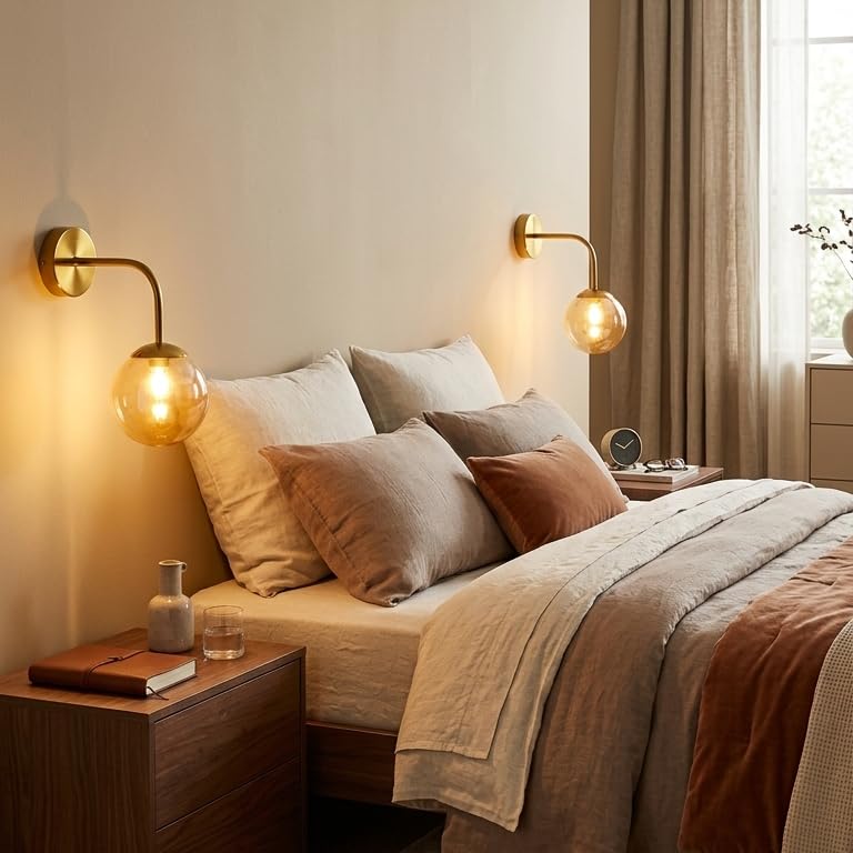 Image of Modern Gold Wall Lamp with Amber Glass Globe | Decorative Wall Light Fixture for Bedroom Living Room Hallway Drawing Room | Elegant Home Decor Wall Mounted Lamp | Without Bulb