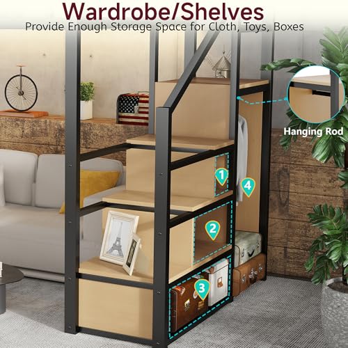 Mirightone Queen Size Loft Bed with Stairs and Storage, Metal Loft Bed Frame with Bedside Shelf and Large Under-Bed Space, Heavy-Duty Bed for Adults Teens and Kids, Convertible Staircase, Black