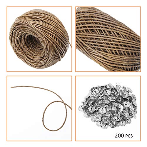 Coitak 200FT Hemp Candle Wick with 200 PCS Metal Tabs, Natural Beeswax Coating for Candle Making, 2mm