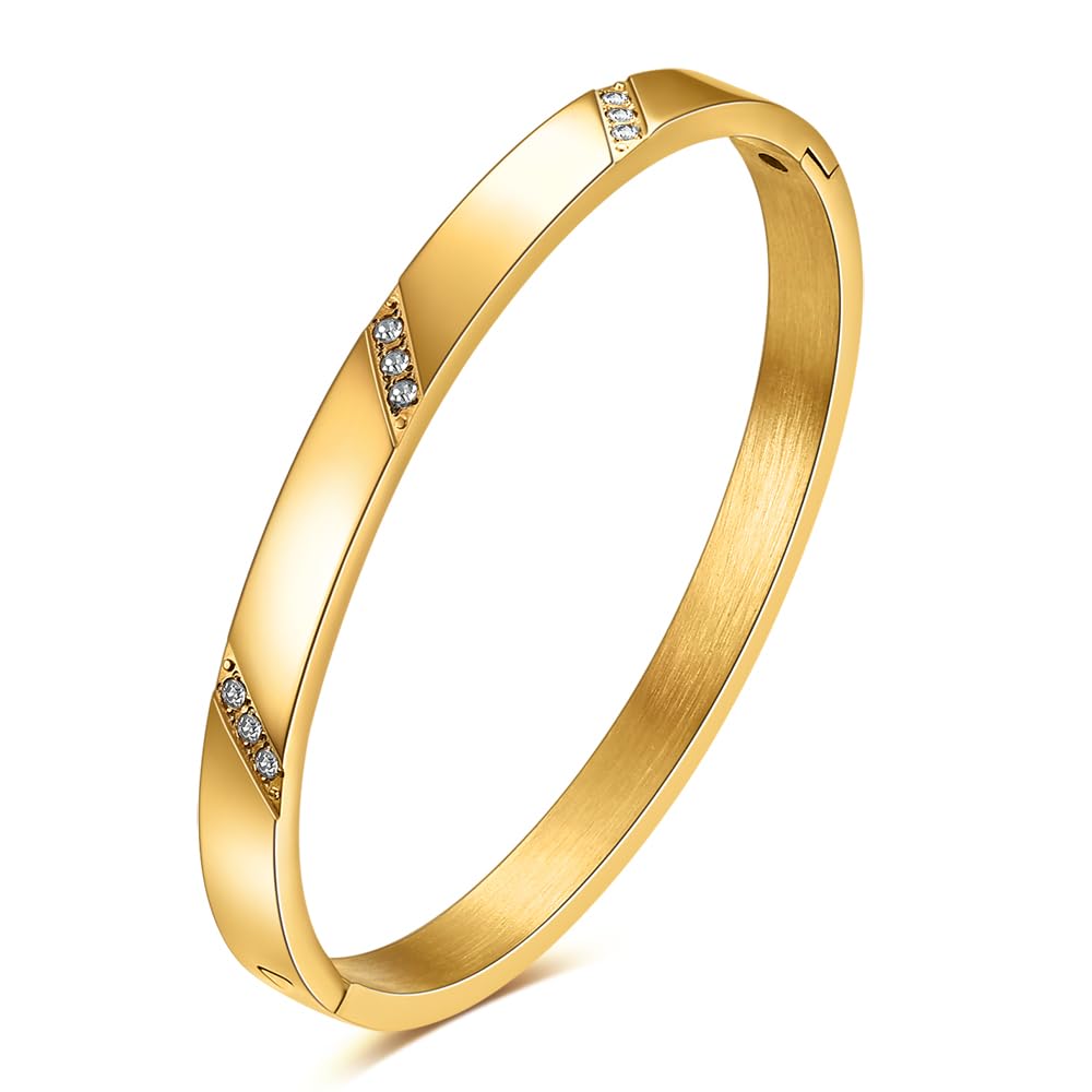 MYNENEY Rose Gold/Gold/Silver Titanium Stainless Steel Pave Cubic Zironia Simulate Diamond Stackable Oval Hinged Bangle Bracelet 6.5-7.5Inch (6mm-3 Crystal Gold, 7 Inch)
