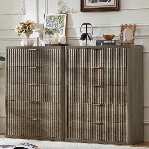 Image of LEYAOYAO Fluted 5 Drawers Dresser Set of 2, 41 inch Tall Modern Chest of Drawers with Metal Handle, Curved Profile Dresser TV Stand, Wooden Drawer Organizer for Bedroom, Living Room, Hallway,Grey