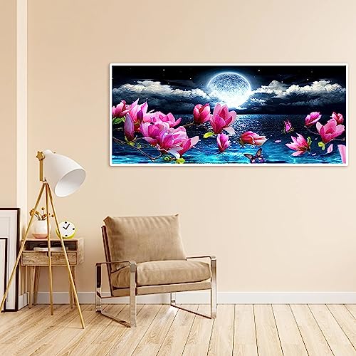 SHEGZHUC Diamond Painting Landscape Large 110 x 50 cm Lotus Flowers Painting Diamond Art Painting Moon Butterfly Stickers for Canvas Diamond Art Lake Seaside Art Nature Scenery Canvas Wall Art - Image 3