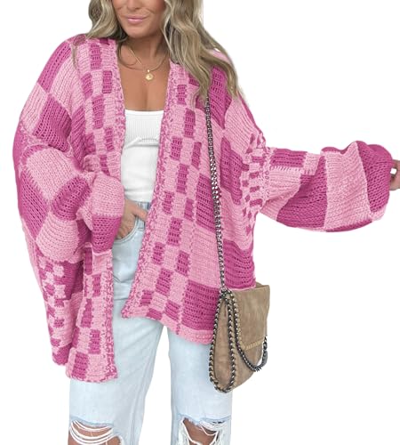 Image of BTFBM Casual Cardigan Sweater for Women Fall 2026 Long Sleeve Open Front Chunky Knit Sweaters Checkered Outwear Coat