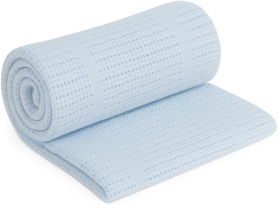 Large 100% Cotton Cellular Soft Baby Blanket for Cot Pram Moses Basket, Blue, 100x150cm