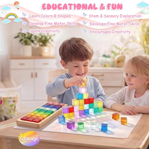 Image of Meooeck 30 Pcs Colored Cube Gem Blocks with Wooden Storage Box, Translucent Rainbow Acrylic Building Stacking Sensory Train Prism Toys for Toddler Kids Montessori School Classroom Supplies