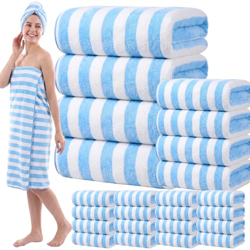 SmoothNovelty 20 Pack Microfiber Towels Bulk 4 Oversized Bath Towel 35 x 70 inch 4 Hand Cloth 12 Washcloth Large Soft Highly Absorbent for Beach Shower Bathroom Pool Salon Hotel (Blue Stripe)