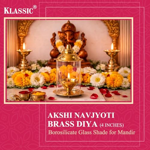 Image of Klassic Combo of 4 Inch Akshi Navjyoti Brass Diya with Borosilicate Glass Shade & 5.5 Inch Bent Fine Point Tip Tweezer | Decorative Oil Lamp for Mandir, Pooja & Daily Aarti