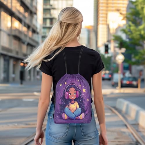 Image of jejeloiu Cute Black Drawstring Backpack 13x15.7inch African American Waterproof Gym Drawstring Bags Music Star Print Sports String Backpack Beach Swim Travel Bag Sackpack