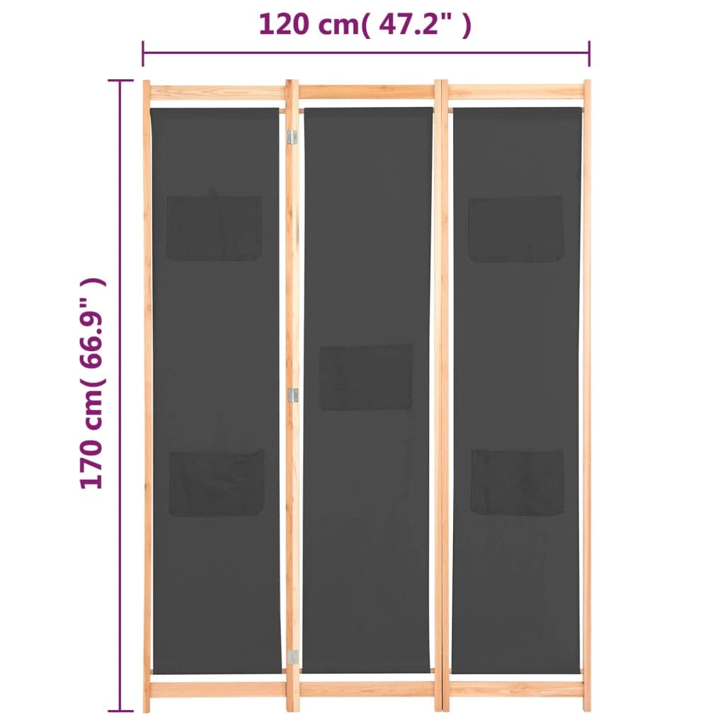 vidaXL Divisorio a 3 Pannelli con Tasche Autoportante Paravento Separé Privacy Stanza Grigio 120x170x4 cm in Tessuto e Massello Abete