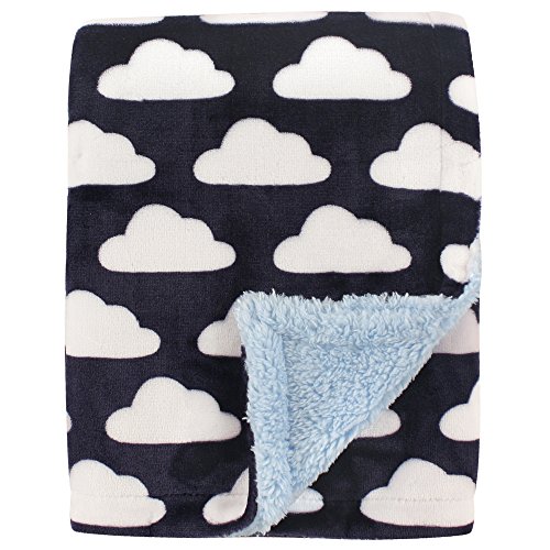 Image of Hudson Baby Unisex Baby Plush Mink and Sherpa Blanket, Navy Clouds, One Size