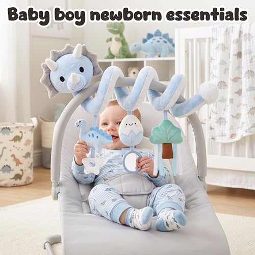 Image of Stuffed Dinosaur Spiral Car Seat Toys Hanging for Babies 0-3 3-6 6-12 Months, Plush Infant Stroller Toy with Silicone Teether, Crinkle and Squeaker, Soft Cute Shower Gifts for Newborn Boys Girls