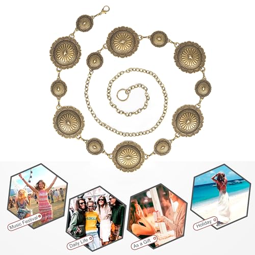 Golden Boho-Metal Waist Chain Belt - Women Adjustable Western-Oval-Concho Country-Cowgirls Belts for Dresses Jeans4