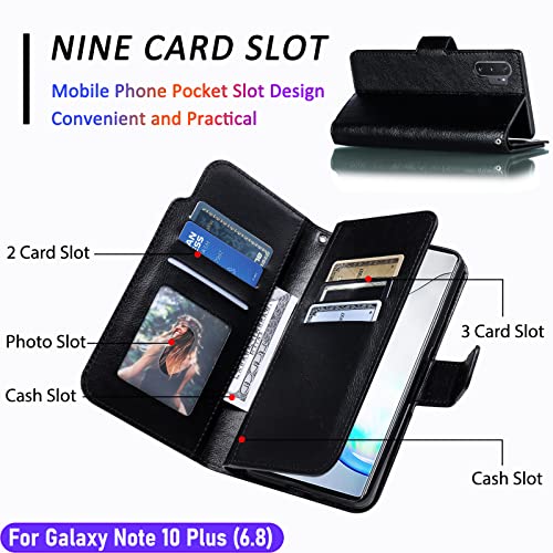 LMDAMZ for Galaxy Note 10 Plus/Note10+ 6.8 Inch Wallet Case [3+ Card Slots] ID Business Card Credit Card Slot Carry Pouch with Stand Double Sided Multi-Card Slot Folding PU Wallet Leather Case (Black)