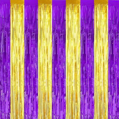 Image of TONIFUL 2Pcs Purple and Gold Fringe Backdrop Curtain 2026 Graduation Parties Metallic Tinsel Foil Fringe Photo Booth Backdrop Door Streamers for Birthday Bachelorette New Year Party Decorations