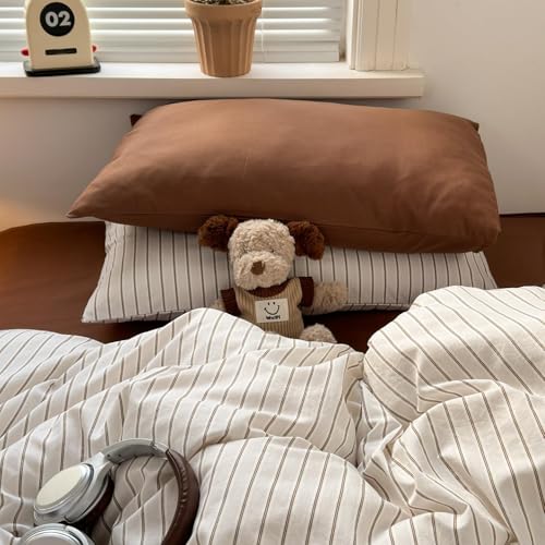 Image of Striped Duvet Cover Full Size Brown Blue Stripes Bedding Set Tan Vintage Striped Geometric Duvet Cover Set Soft Lightweight Microfiber Quilt Cover with Zipper Closure and 2 Pillowcases