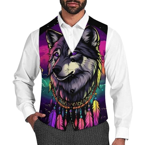 Dreamcatcher Wolf Men's Suit Vests Business Formal Dress Vest V-Neck Waistcoat for Wedding Casual