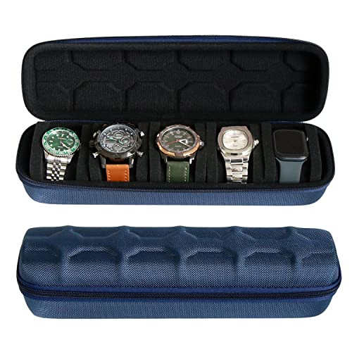 Besforu Hard watch box organizer for men or Women 5 watch travel case Portable Storage watch display holder for Wristwatches and Smart Watches up to 55mm (BLUE 5 SLOT)