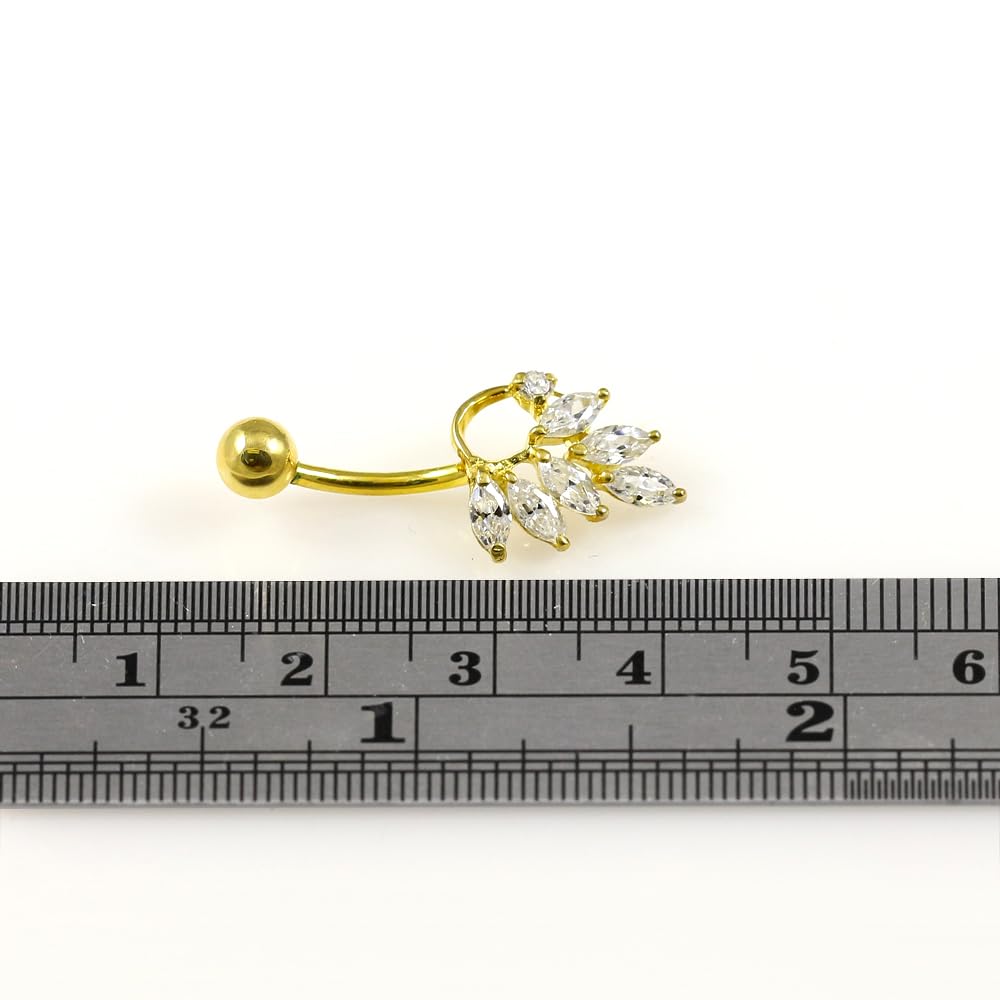 Piercing para ombligo de oro amarillo macizo de 14 quilates con circonita cúbica y diseño de hoja de piedra - Joyería de ombligo de 14 quilates - Piercing para el ombligo de calibre 14,