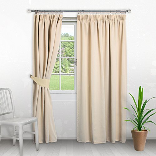 Home Treats Pencil Pleat Curtains Thermal Blackout Curtain, Pencil Pleat. Free Tiebacks (W66 x L54, Cream)