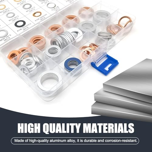 Image of 105 PCS Car Oil Drain Plug Copper Flat Washers Assortment Set, 15 Sizes Durable Oil Crush Washer Seals Kit, with Storage Box, Compatible with Nissan Volkswagen (Multicolored)