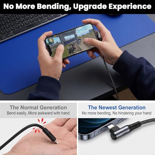 Image of Verilux 6.6FT Right Angle Lighting Cable, 12W USB A to Lighting Cable with 480Mbps Data Synch, Aluminum Alloy Housing & Nylon Braided for iPhone 14 /13 /12, iPad, AirPods