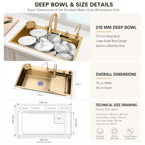Image of InArt All-in-One Waterfall Kitchen Sink, Brushed Gold Nano Stainless Steel, Single Bowl 30 x 18 Inches, with Pull-Out Faucet, RO Tap, Glass Rinser and Drain Basket