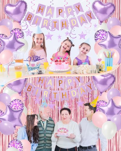 Image of Purple Pink Happy Birthday Party Decorations with Banner Balloons for Women