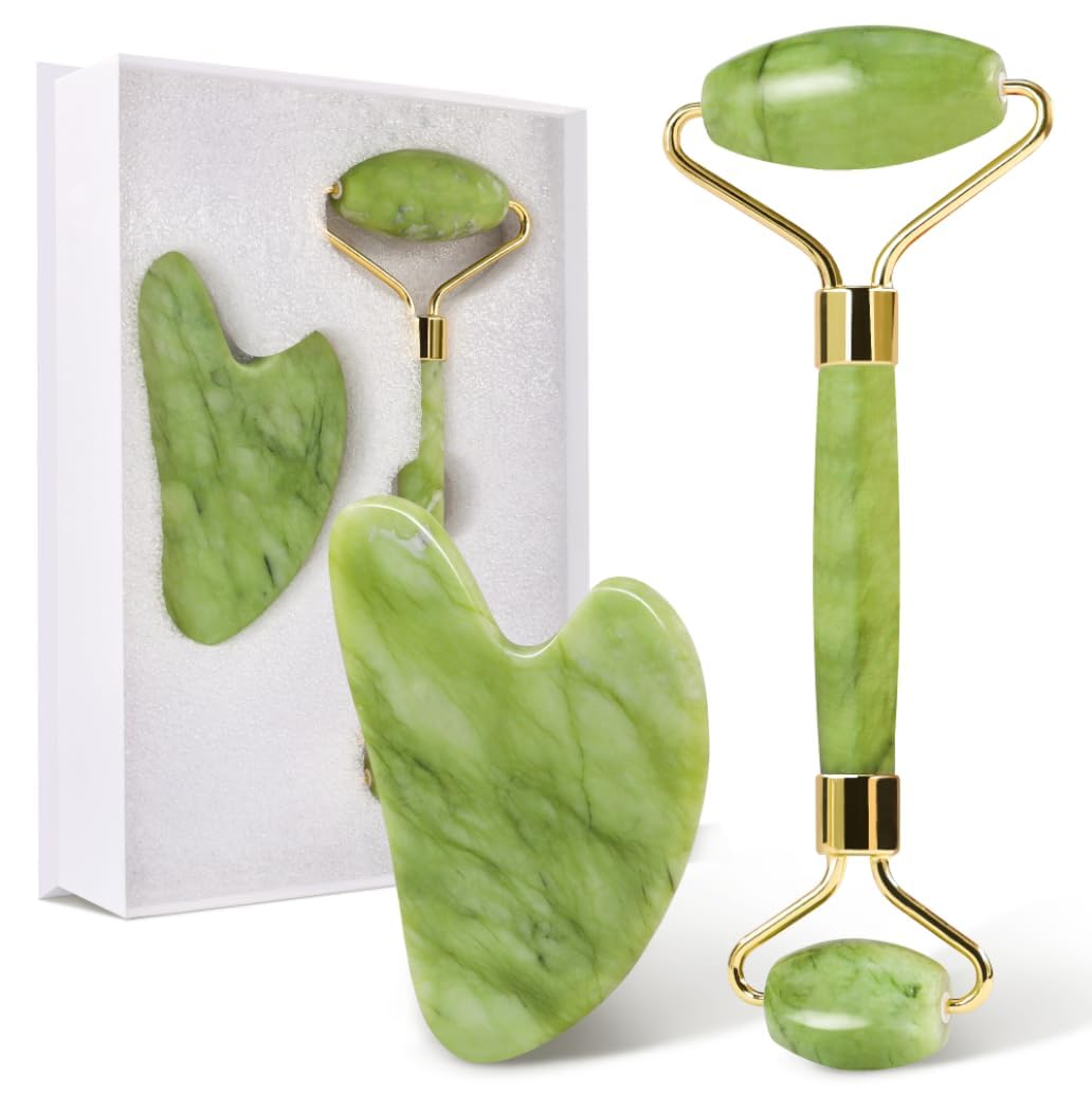 GUGUG Gua Sha Jade, Pierre de Gua Sha pour Visage, Rouleau de Jade, Roller en Pierre, Relaxation des Muscles du Cou et du Corps - Vert