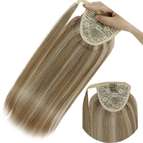 YoungSee Ponytail Hair Extensions Blonde 20 inch Ponytail Extensions Golden Blonde Highlights Medium Blonde Human Hair Clip in Ponytail Wrap Around 80G