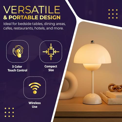 Image of Lexton Wireless LED Desk Lamp with Touch Control | USB Rechargeable Table Light with Warm, Neutral & Cool White Modes | Portable Bedside & Dining Lamp for Home, Cafe, Hotel (White)