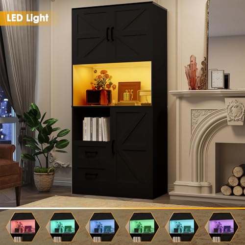 Image of Kitchen Pantry Storage Cabinet with LED Lights and Power Strip, Tall Farmhouse Kitchen Pantry with Barn Doors and Drawers, Adjustable Shelves for Dining Living Room (Black)