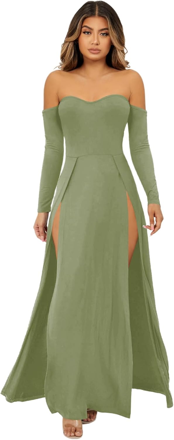 SweatyRocks Women's Elegant Off Shoulder Double High Slit Long Sleeve Dress A Line Maxi Dresses