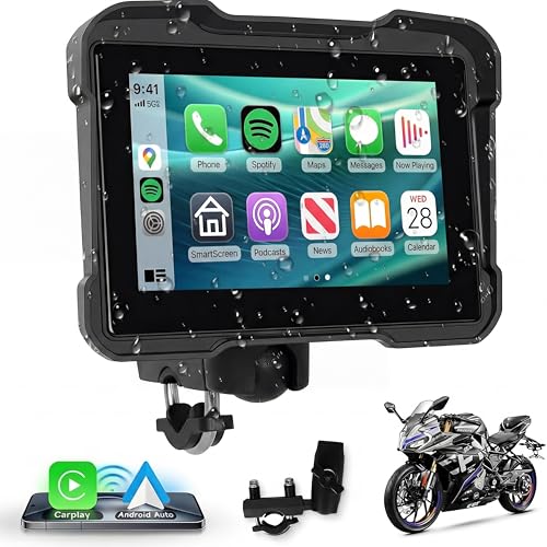 Image of Hodozzy 5 Inch Motorcycle CarPlay Screen, Waterproof IP68 Wireless CarPlay /Android Auto, Motorcycle Touchscreen GPS Display with Dual Bluetooth for Motorcycle, Mirror Link /TF /Voice Control
